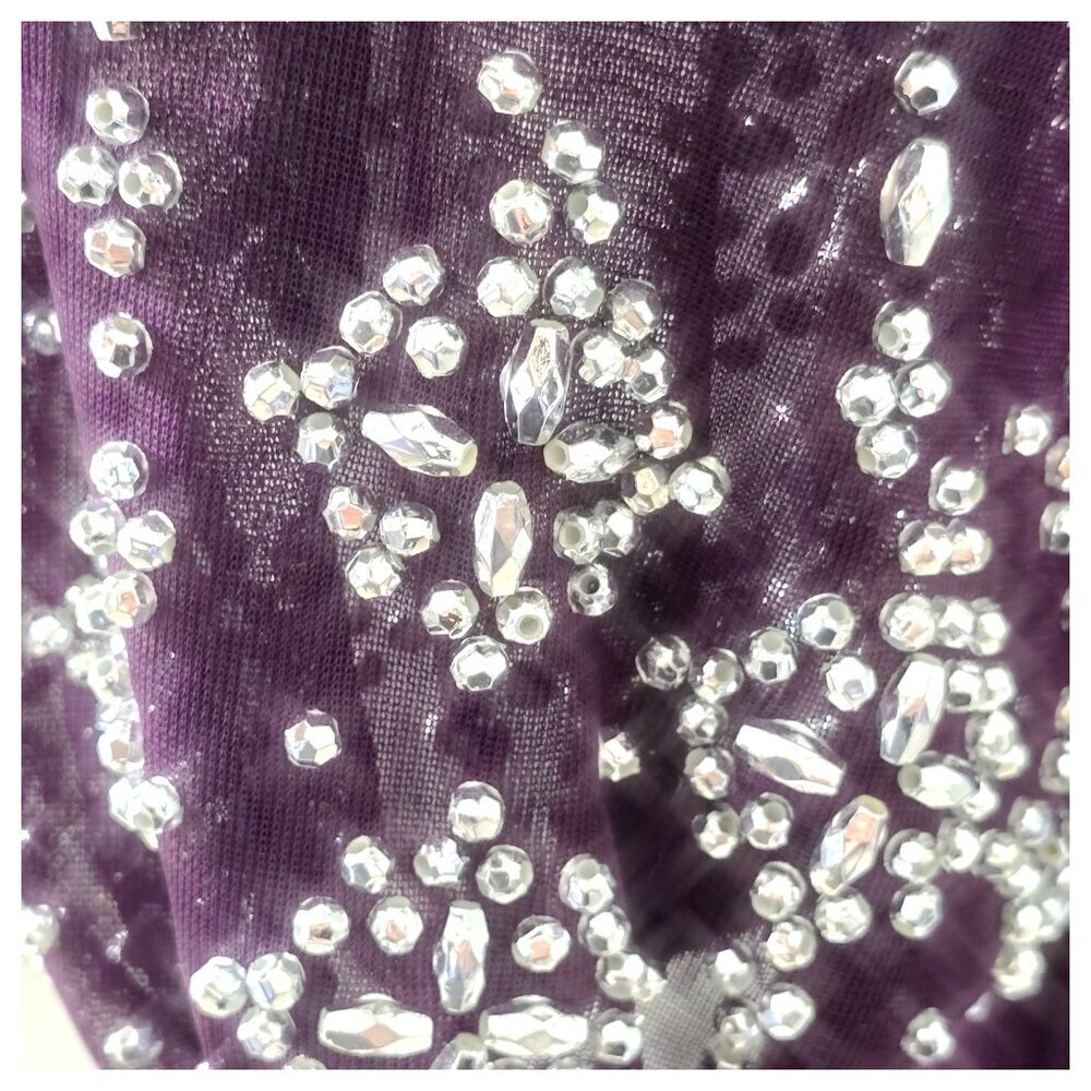 Marina Beaded Mesh Long Sleeve Side Drape Cocktail Dress Size 6 Plum Stretch - Picture 8 of 8